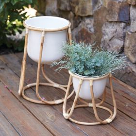 Set of Two Rattan Plant Stands with Pot