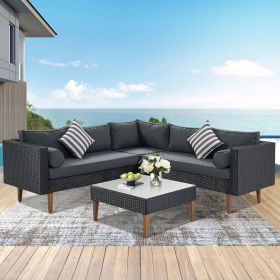 4-pieces Outdoor Wicker Sofa Set; Patio Furniture with Colorful Pillows; L-shape sofa set; Beige cushions and Brown Rattan - Black+ Gray