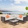 4-pieces Outdoor Wicker Sofa Set; Patio Furniture with Colorful Pillows; L-shape sofa set; Beige cushions and Brown Rattan - Beige