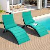 Patio Wicker Sun Lounger; PE Rattan Foldable Chaise Lounger with Removable Cushion and Bolster Pillow; Black Wicker and Beige Cushion (2 sets) - Blue