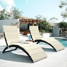 Patio Wicker Sun Lounger; PE Rattan Foldable Chaise Lounger with Removable Cushion and Bolster Pillow; Black Wicker and Beige Cushion (2 sets) - Beige