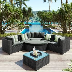 7-piece Outdoor Wicker Sofa Set; Rattan Sofa Lounger; With Striped Green Pillows; Conversation Sofa; - Gray