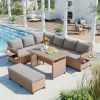 5-Piece Outdoor Patio Rattan Sofa Set; Sectional PE Wicker L-Shaped Garden Furniture Set with 2 Extendable Side Tables; - Brown