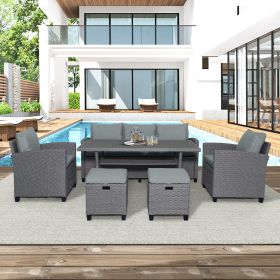 6-Piece Outdoor Rattan Wicker Set Patio Garden Backyard Sofa; Chair; Stools and Table(Gray Rattan+Gray Cushion) - Grey