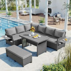 5-Piece Outdoor Patio Rattan Sofa Set; Sectional PE Wicker L-Shaped Garden Furniture Set with 2 Extendable Side Tables; - Gray