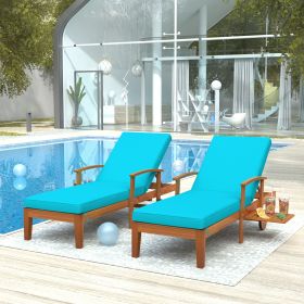 Outdoor Solid Wood 78.8" Chaise Lounge Patio Reclining Daybed with Cushion; Wheels and Sliding Cup Table for Backyard; Set of 2 - Blue