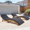 Outdoor Patio Wood Portable Extended Chaise Lounge Set with Foldable Tea Table for Balcony; Poolside; Garden; Brown Finish+Dark Gray Cushion