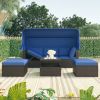 Outdoor Patio Rectangle Daybed with Retractable Canopy;  Wicker Furniture Sectional Seating with Washable Cushions;  Backyard;  Porch - Blue