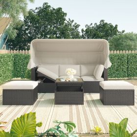 Outdoor Patio Rectangle Daybed with Retractable Canopy;  Wicker Furniture Sectional Seating with Washable Cushions;  Backyard;  Porch - Beige