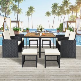 Patio All-Weather PE Wicker Dining Table Set with Wood Tabletop for 8;  Black Rattan+Beige Cushion (9-Piece) - Black