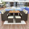 Patio All-Weather PE Wicker Dining Table Set with Wood Tabletop for 10;  Brown Rattan+Beige Cushion (11-Piece) - Brown