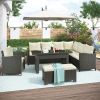 Patio Furniture Set;  6 Piece Outdoor Conversation Set;  Dining Table Chair with Bench and Cushions - Beige