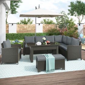 Patio Furniture Set;  6 Piece Outdoor Conversation Set;  Dining Table Chair with Bench and Cushions - Gray