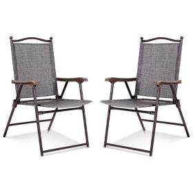 Set of 2 Patio Folding Sling Back Camping Deck Chairs - Gray