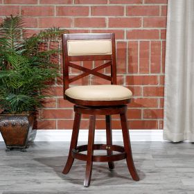 24" Counter Height X-Back Swivel Stool; Cherry Finish; Bone Leather Seat