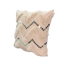 18 x 18 Square Cotton Accent Throw Pillow; Handcrafted Chevron Patchwork; Sequins; Blush Pink - as Pic