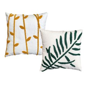 17 x 17 Inch 2 Piece Square Cotton Accent Throw Pillow Set; Leaf Embroidery; White; Green; Yellow - as Pic