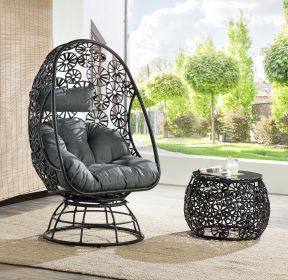 Hikre Patio Lounge Chair &amp; Side Table; Clear Glass; Charcaol Fabric &amp; Black Wicker 45113 - as Pic