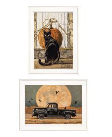 "Harvest Moon with A Black Cat & Truck" 2-Piece Vignette by Bonnie Mohr; Ready to Hang Framed Print; White Frame