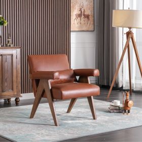 Accent chair; KD rubber wood legs with Walnut finish. PU leather cover the seat. With a cushion.Brown - as Pic