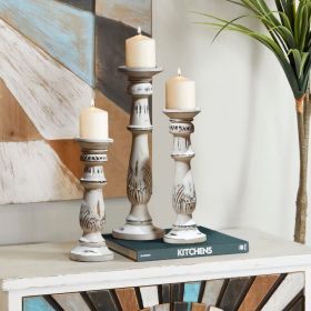 Benzara Distressed Finish Wooden Pillar Shaped Candleholder; Set of 3; White