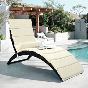 GO Patio Wicker Sun Lounger; PE Rattan Foldable Chaise Lounger with Removable Cushion and Bolster Pillow; Black Wicker and Beige Cushion