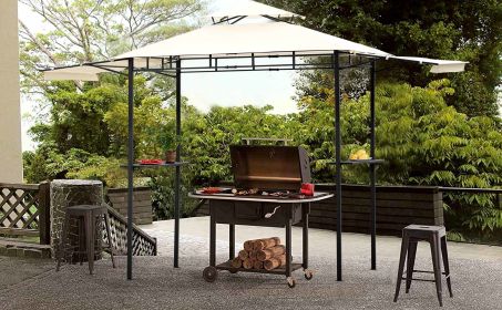 12Ft.Lx4.3Ft.W Iron Double Tiered Backyard Patio BBQ Grill Gazebo with Bar Counters, Beige - Beige