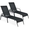 2 Pieces Outdoor Patio Lounge Chair Chaise Fabric with Adjustable Reclining Armrest - Black