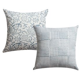 18 x 18 Square Cotton Accent Throw Pillow; Paisley Floral and Square Patterns; Set of 2; White; Blue; DunaWest