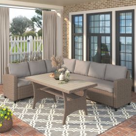 Patio Outdoor Furniture PE Rattan Wicker Conversation Set All-Weather Sectional Sofa Set with Table & Soft Cushions (Brown) - Brown