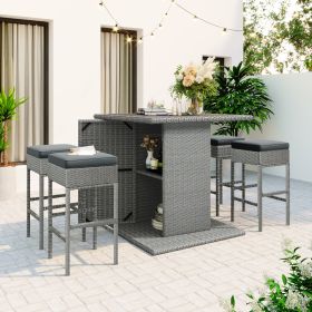 Patio 5-Piece Rattan Dining Table Set, PE Wicker Square Kitchen Table Set with Storage Shelf and 4 Padded Stools for Poolside, Garden - Gray