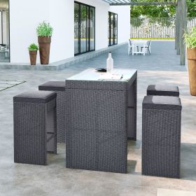 5-piece Rattan Outdoor Patio Furniture Set Bar Dining Table Set with 4 Stools - Gray Cushion+Gray Wicker