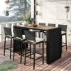 Outdoor Patio 7-Piece Rattan Dining Table Set, PE Wicker Bar Furniture Set with Wood Tabletop and 6 Dining Chairs , Black Rattan+Beige Cushion - Black