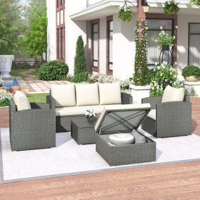 Outdoor Patio 5-Piece All-Weather PE Wicker Rattan Sectional Sofa Set with Multifunctional Table and Ottoman, Gray Wicker+ Beige Cushion - Gray+Beige