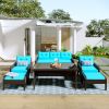 6-Piece Outdoor Patio PE Wicker Rattan Sofa Set Dining Table Set with Removable Cushions and Tempered Glass Tea Table for Backyard- Blue