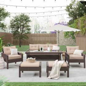 6-Piece Outdoor Patio PE Wicker Rattan Sofa Set Dining Table Set with Removable Cushions and Tempered Glass Tea Table for Backyard - Light Coffee