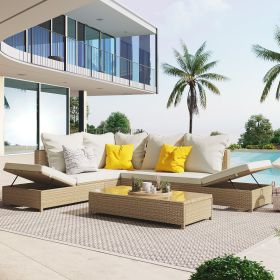 Patio 3-Piece Rattan Sofa Set All Weather PE Wicker Sectional Set with Adjustable Chaise Lounge Frame and Tempered Glass Table- Natural