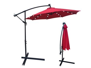 10 ft Outdoor Patio Umbrella Solar Powered LED Lighted 8 Ribs Umbrella with Crank and Cross Base for Garden Outside Deck Swimming Pool - Red