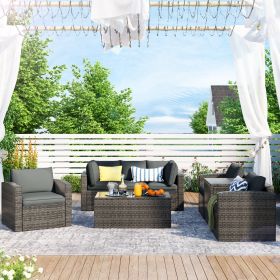 Patio Furniture Sets, 7-Piece Patio Wicker Sofa , Cushions, Chairs , a Loveseat , a Table and a Storage Box - Gray