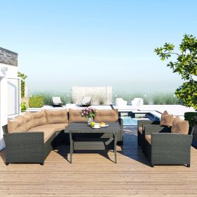 6-Piece Outdoor Wicker Sofa Set, Patio Rattan Dinning Set, Sectional Sofa with Thick Cushions and Pillows, Plywood Table Top - Beige