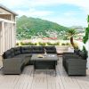 6-Piece Outdoor Wicker Sofa Set, Patio Rattan Dinning Set, Sectional Sofa with Thick Cushions and Pillows, Plywood Table Top- Gray