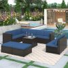 9 Piece Rattan Sectional Seating Group with Cushions and Ottoman, Patio Furniture Sets, Outdoor Wicker Sectional - Blue