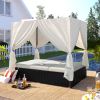 Outdoor Patio Wicker Sunbed Daybed with Cushions, Adjustable Seats - Beige