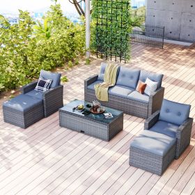 6-piece All-Weather Wicker PE rattan Patio Outdoor Dining Conversation Sectional Set with coffee table, ottomans, removable cushions - Gray