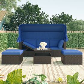 Outdoor Patio Rectangle Daybed with Retractable Canopy, Wicker Furniture Sectional Seating with Washable Cushions - Blue