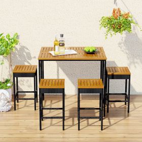 5-Piece Outdoor Patio Wicker Bar Set, Garden PE Rattan Wicker Dining Table, Square Stool Set, Foldable Tabletop, Acacia Wood Tabletop, Bistro Set