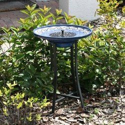 Outdoor Ceramic Bowl Fountain Bird Bath with Metal Stand and Solar Pump - COBRF6848715