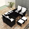 vidaXL 9 Piece Patio Dining Set with Cushions Poly Rattan Black - Black