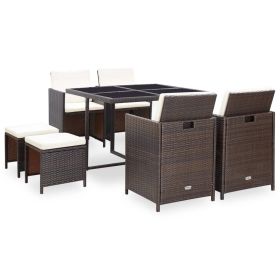 vidaXL 9 Piece Patio Dining Set with Cushions Poly Rattan Brown - Brown