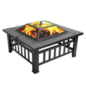 32 Inch Heavy Duty 3 in 1 Metal Square Patio Firepit Table BBQ Garden Stove with Spark Screen Cover Log Grate and Poker for Outside Wood Burning